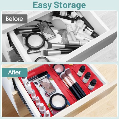 WOWBOX 25 PCS Plastic Drawer Organizer Set, 4 Sizes Desk Drawer Divider Organizers and Storage Bins for Makeup, Jewelry, Gadgets for Kitchen, Bedroom, Bathroom, Office, Clear Red - color: Red