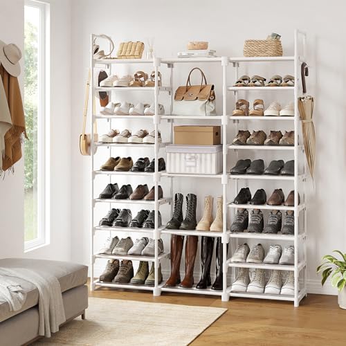 WOWLIVE 9 Tiers Large Shoe Rack White Shoe Rack Organizer for Closet 50-55 Pairs Stackable Heavy Duty Shoe Shelf Shoe Storage with Metal Pipes Plastic Connectors - color: White, size: 3 Row 9 Tier
