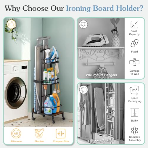 Ironing Board Hanger,Iron and Ironing Board Holder No Wall Mount,Laundry Room Organization and Storage Cart with Iron Stand,Narrow Laundry Shelves Organizer Cabinet,Laundry Room Essentials Accessories - color: Black & Rustic Brown