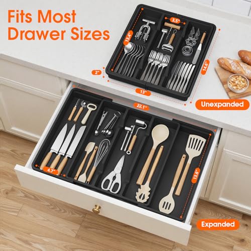 Large Silverware Organizer, Expandable Utensil Drawer Organizer for Kitchen Drawers, Kitchen Drawer Organizer for Spoons/Forks/Knives, Multipurpose & BPA Free Cutlery Tray, Black, 1 Pack - color: Black