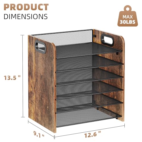 Marbrasse 6 Tier Paper Organizer Letter Tray - Wooden Desk File Organizer with Handle, Paper Sorter Organizer for Letter/A4 Office File Folder Holder - color: 6 Tier - Wooden