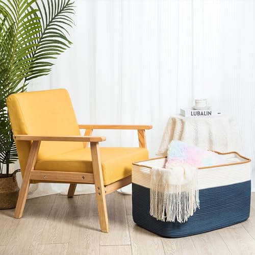 MINTWOOD Design 22in Extra Large Blanket Basket Holder Living Room, Rectangle Rope Woven Storage Basket with Handles for Laundry, Pool Towels, and Shoes, Dog Toy Organizer Bin Box, Prussian Blue - color: Prussian Blue