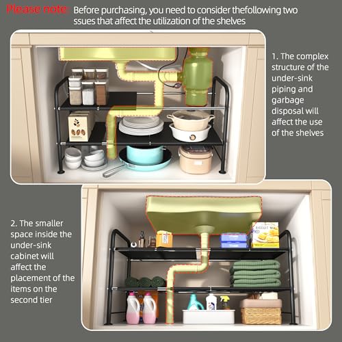 NETEL Under Sink Organizers and Storage,2 Tier Shelf Under Bathroom Sink,Cabinet Organizer with 8 Removable Carbon Steel Panels，Partition Height Adjustable,(27.36-36.02)" W x 12.28" D x 16.93" H - size: 8 thickened iron plates(12.28"deep)