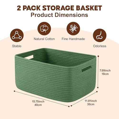 OIAHOMY Storage Basket for Shelves, Closet Cube Storage Bins Baskets for Clothes Blanket Towels, Baby Nursery, Toy Baskets Box, Woven Rope Basket, 15.75*11.81*7.09 IN, 2 Packs Olive Green - color: Olive Green, size: 15.75*11.81*7.09