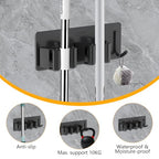 Broom Holder Wall Mount No Drill,Broom and Mop Organizer Wall Hanging Heavy Duty with Hooks Hanger, Self Adhesive Stainless Steel Broom Organizer for Bathroom, Kitchen, Laundry Room Storage (6Pcs)