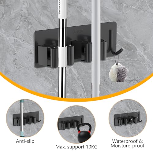 Broom Holder Wall Mount No Drill,Broom and Mop Organizer Wall Hanging Heavy Duty with Hooks Hanger, Self Adhesive Stainless Steel Broom Organizer for Bathroom, Kitchen, Laundry Room Storage (6Pcs)