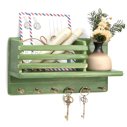 Rebee Vision Pine Wood Key Holder Wall Mount for Room Decor– 6 Hooks for Umbrella & Hats - Wooden Key Holder for Wall with Mail Slot Can Store Letters and Postcard (Green) - color: Green