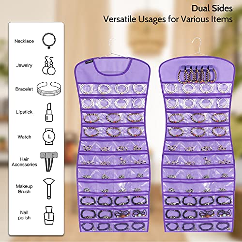 Hanging Jewelry Organizer Dual Sided 84 Clear Pockets and 6 Hook Loops Storage for Holding Jewelries Hair Accessories Dress Shaped Earring Holder (84 Pockets and 6 Hook Loops -Purple) - color: 84 Pockets and 6 Hook Loops -Purple