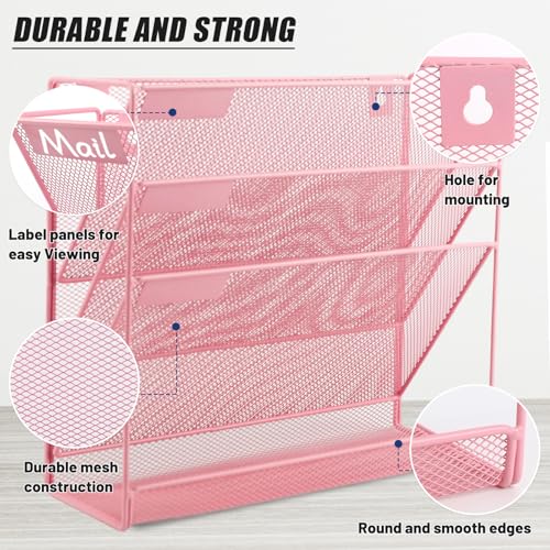 EASEPRES Desk File Organizer Mesh 4-Tier, Hanging Wall Mount Document Organization Stand, Desktop Vertical Mail Paper Folder Holder Rack with Bottom Tray for Office Home Cubicle Countertop, Pink - color: Pink, size: 4 Tier