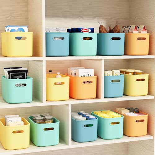 ORGIDOL 12 Pack Colorful Plastic Storage Bins, Storage Container for Organizing, Colored Storage Boxes with Handle for Shelves, Cute Organizer Bins for Craft, Snacks, Cabinet, 9.69x6.7x5.7 inch - color: Colorful, size: 12Pack