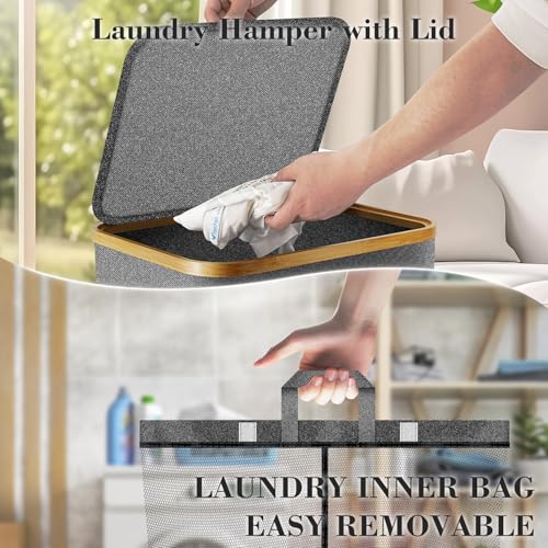 Laundry Hamper with Wheels,20 Gal (75L) Laundry Basket with lid Rolling Clothes Hamper Foldable Dirty Clothes Basket on wheels with Bamboo Frame and Bag for Bedroom, Dorm, Laundry Room-Grey - color: Grey, size: 75 L