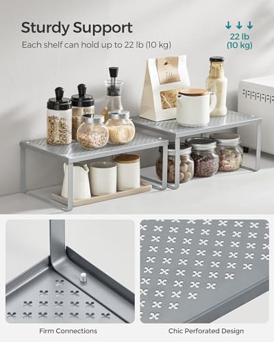SONGMICS Spice Racks, Set of 4 Metal Cabinet Shelf Organizers, Countertop Organizers, Shelf Risers, Stackable, Expandable, Silver UKCS006S01 - color: Silver