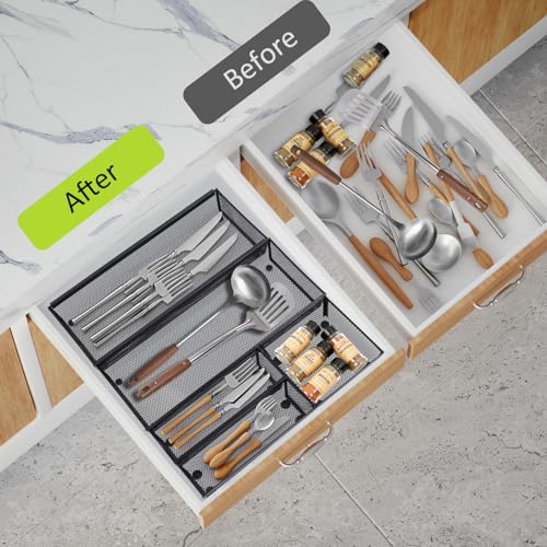 Neudeco Drawer Organizer - 5 Pack Metal Mesh Silverware Tray with Interlocking Design, 5 Compartment Cutlery Organizer for Kitchen Utensils, Black (15x6.2x2 inches) - color: Black-5L pack
