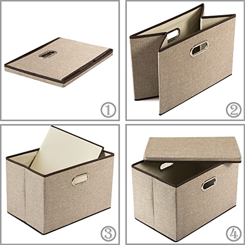 PRANDOM Extra Large Collapsible Storage Bins with Lids [3-Pack] Linen Fabric Foldable Storage Baskets Boxes Organizer Containers Cube with Cover for Bedroom Closet Office Nursery (22.8x15.75x13.8) - color: Khaki, size: XXL (3-Pack)