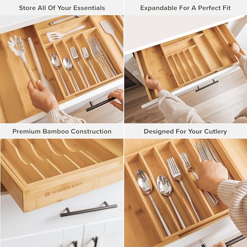 KitchenEdge Premium Silverware, Flatware and Utensil Organizer for Kitchen Drawers, Food-Safe Contract Grade, Expandable from 16 to 28 In, Natural Bamboo - color: Natural Bamboo, size: From 16" to 28" wide