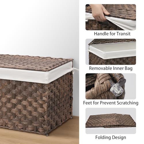 Wicker Storage Basket with Lid, 52.8 Gallon (200L) Large Blanket Basket with Lid, Woven Storage Bin with Handles, Removable Liner, Metal Frame, Foldable, for Bedroom, Laundry Room, Brown - color: Brown, size: 200L:19.7 x 31.5 x 19.7 Inches