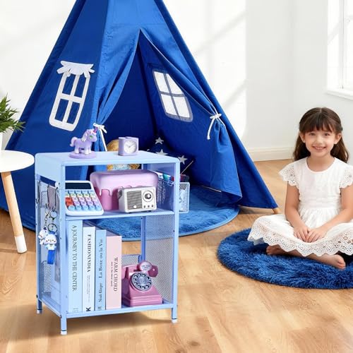ECOLOVI Kids Nightstand 19in High for Floor Beds, 3-Tier Metal Small Bedside Table with Adjustable Storage Shelf, Basket & 3 S-Hooks, Low Nightstand for Nursery, Toddler Bedroom (Blue) - color: Blue