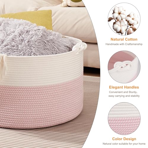 OIASKET Large Blanket Storage Basket for Living Room, 22.8" x 22.8" x 13" Woven Cotton Rope Basket with Handles, Baby Toy Storage, Laundry Hamper for Clothes, Pillows, Towels-Pink and White - color: Pink & White, size: 90L