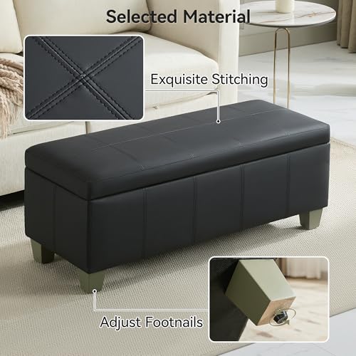 WUTUTUEE 41" Faux Leather Storage Ottoman, Stitch Tufted Rectangle Upholstered End of Bed Storage Bench, Entryway Large Couch Ottoman with Wooden Legs, Dark Black - color: Dark Black, size: 41 Inch