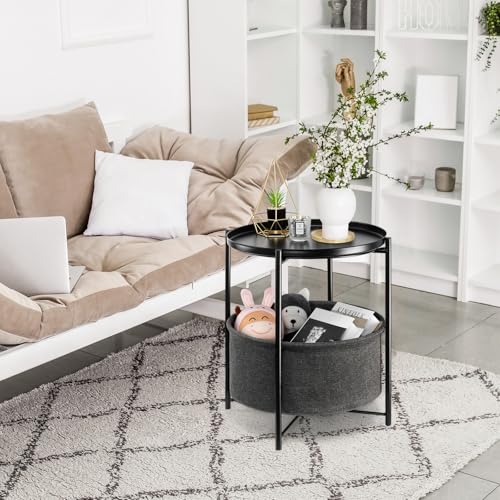 danpinera Round Side Table with Fabric Storage Basket, Metal Small Bedside Nightstand Removable Tray Top for Living Room, Bedroom, Nursery, Laundry, Ink Black - color: Ink Black