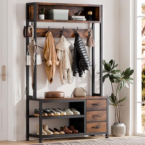 Lulive Hall Tree with Bench and Shoe Storage, 31.5" Coat Rack Freestanding with 2-Tier Storage Shelf, 6-in-1 Entryway Bench Coat Rack with 12 Hooks and 3 Drawers(Rustic Brown) - color: Rustic Brown
