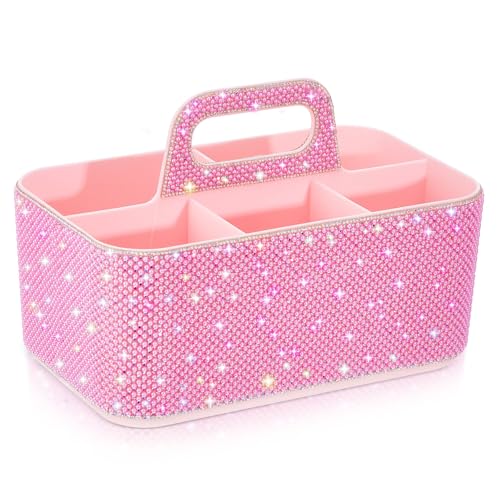 Marspark Bling Makeup Caddy Organizer with Handle, Sparkly Art Craft Holder, Glitter Bathroom Hair Caddy, Shimmer Pen Pencil Holder for Women Desk Organizer, Bling Gifts for Women(Pink,Pearl Diamond) - color: Pink, style: Pearl Diamond