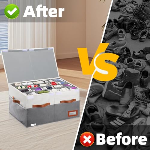 Supowin Shoe Organizer for Closet, Foldable Shoe Storage Bins with Lid & Adjustable Dividers, Fabric Shoe Box Storage Containers with Four Reinforced Handles, Fits 20 Pairs, 1 Pack, Grey - color: Grey, size: 26"L x 17"W x 13"H