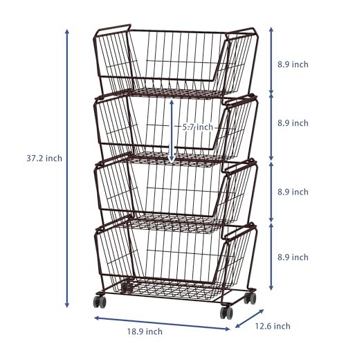 PUSDON 4-Tier Large Stackable Wire Storage Baskets with Wheels, Metal Rolling Utility Cart Organizer, Produce Basket for Kitchen Pantry, Floor Shelf, Vintage Bronze - color: Vintage Bronze, size: 4 Tier Plus