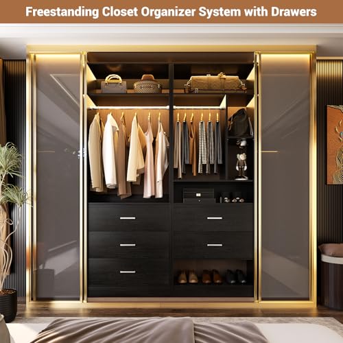 Besiost 4FT Closet Systems with 5 Wood Drawers, 48 Inch Closet Organizer System with 2 Hanging Rods & 7 Shelves, Heavy Duty 48" Walk-in Closet, Black (48"L x 15" W x 80" H) - color: Black