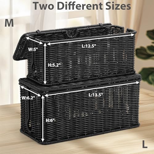 2Pack Large Cable Management Box Black, Handwoven Imitation Rattan Cord Organizer Cord Hider, Desk Cord Management Box to Hide Cords and Power Strips on Desk or Floor - color: Black, size: 2 Pack (M+L)