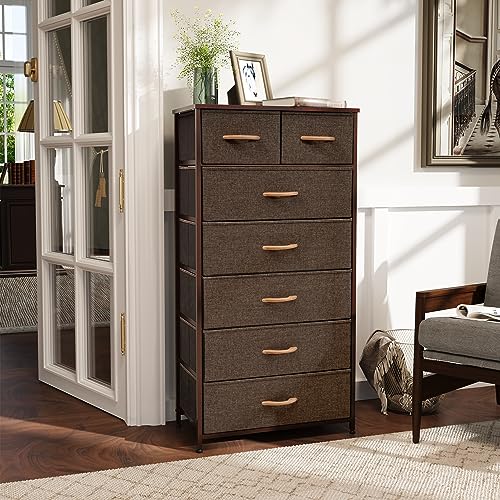 Tall Dressers for Bedroom, 7 Drawers Dresser Fabric Storage Closets Storage Units Organizer Tower Steel Frame Wooden Top for Bedroom, Hallway,Nursery, Entryway(Dark Brown) - color: Dark Brown