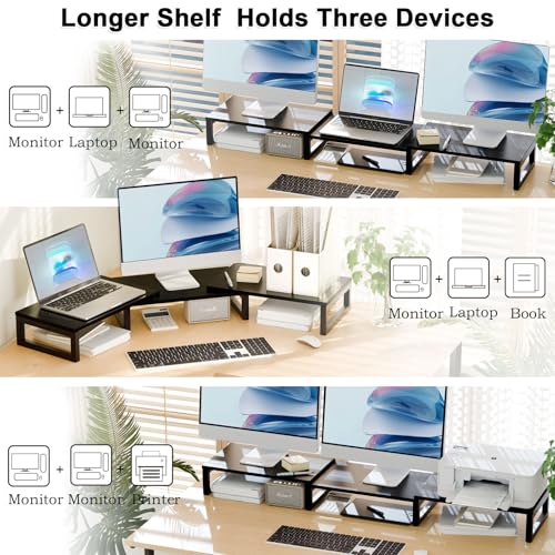 TEAMIX Desk Organizer Dual Monitor Stand Riser, Adjustable Computer Stand 45.5'' Long Desktop Shelf Office Organizer for Laptop,Printer,File,Keyboard Storage Ergonomic Design (Black)