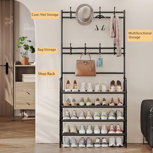 Coat Rack Shoe Rack With Storage Shelf Freestanding with 8 Hooks for Entryway Bedroom Closet 4 Tier, Black - color: Black