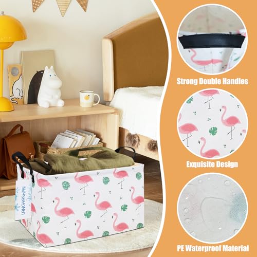 LANGYASHAN Rectangular Storage Bin Collapse Canvas Fabric Cartoon Storage Basket with Handles for Organizing Home Kitchen Boys and Girls Toys Office Closet Shelf Baskets(Rec Leaf Flamingo) - color: Rec Leaf Flamingo