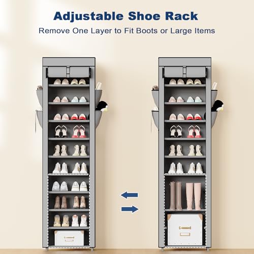 Mavivegue Shoe Rack with Cover, 10 Tier Tall Shoe Organizer for 18-22 Pairs of Shoes, Shoe Storage Organizer for Entryway, Closet, Garage, Grey, S - color: Grey
