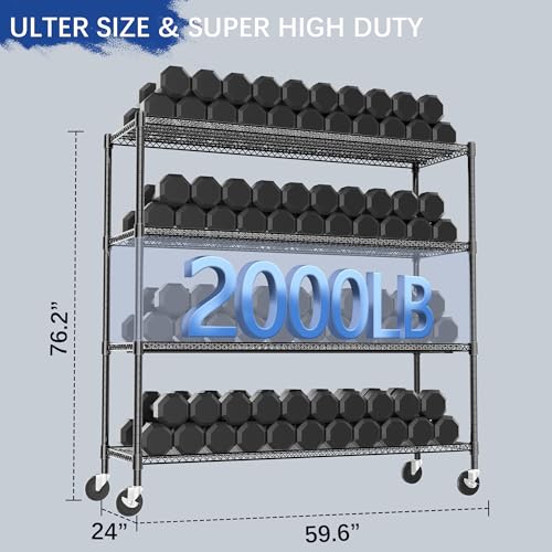 Heavy Duty Shelving, 76.2" H Garage Shelving Unit with Wheels, 4-Tier Garage Storage Shelves Metal Shelves Rack, Adjustable Industrial Shelving for Warehouse Storage, 60" W x 24" D x 76.2" H, Black - color: Black, size: 24D x 60W x 76.2H(4Tier-with-Wheel)