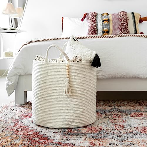 Mkono Tall Laundry Basket Woven Decorative Rope Storage Basket Wooden Bead Decoration for Blankets Toys Clothes Shoes Organizer Bin with Handles Living Room Home Decor, 15" W x 17.7" L, White - color: White, size: 15"W x 17.7"L