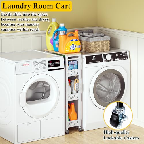 OKZEST Utility Slim Storage Cart, 4 Tier Small Rolling Kitchen Laundry Room Cart with Wood Top, Metal Narrow Bathroom Storage Cabinet Mobile Shelf Unit Organizer Trolley with Handle for Narrow Space - color: White, size: 7.1 inch wide