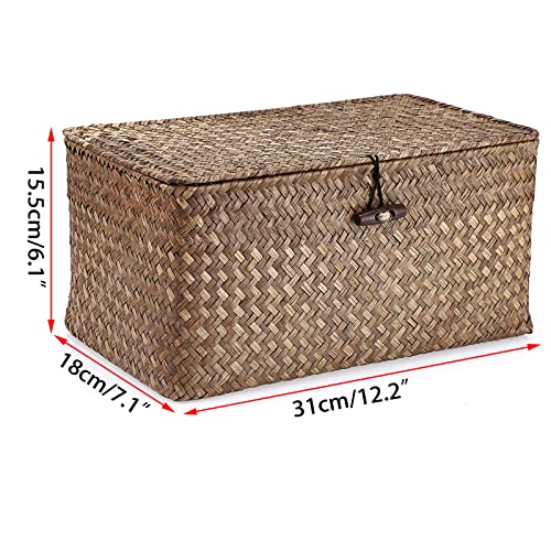 Hipiwe Wicker Shelf Baskets Bin with Lid, Handwoven Seagrass Basket Storage Bins Rectangular Household Basket Boxes for Shelf Wardrobe Home Organizer, Coffee Medium - color: Coffee, size: M