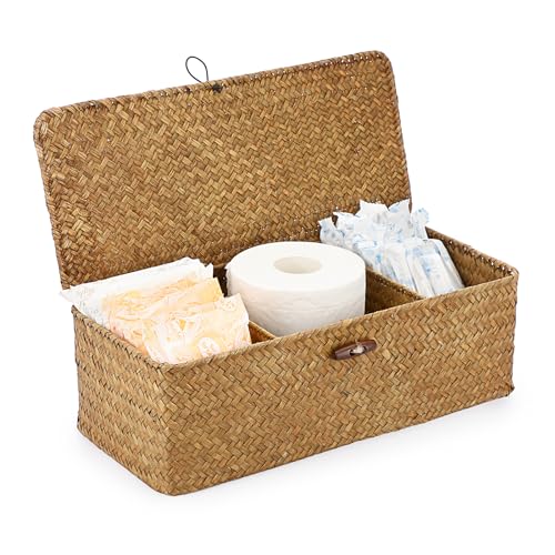 Sumnacon Small Woven Basket for Shelf, Wicker Shelves Storage Baskets with Sections Seagrass Storage Bin with Lid for Tampon Toiletry Rectangular Storage Basket for Bathroom Table Desk Caramel - color: Caramel, size: Medium