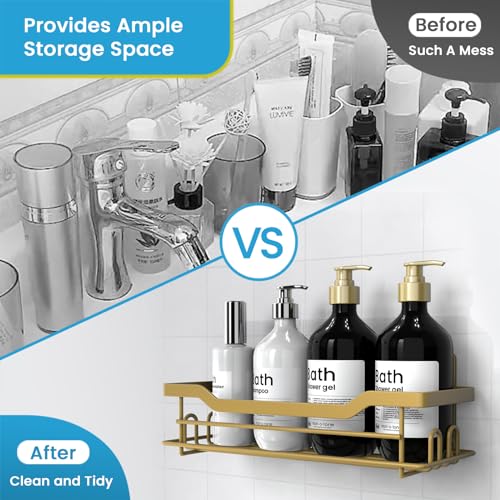 Shower Caddy Shelves Organizer Rack, Single Pack Shower Shelf, Caddies for Shampoo Soap Bathroom Waterproof Adhesive Holder, No Drilling Wall Mounted Self, Matte Gold - color: Gold