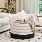 R RUNKA XXXLarge Cotton Rope Basket 22" X 22"X 14" Blanket Basket for Living Room Woven Basket Soft Baby Laundry Blanket Basket Nursery Bin Toy Basket with Handle White+Black - color: White+Black