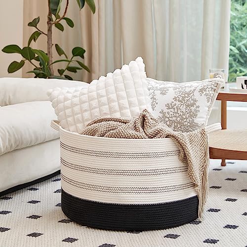R RUNKA XXXLarge Cotton Rope Basket 22" X 22"X 14" Blanket Basket for Living Room Woven Basket Soft Baby Laundry Blanket Basket Nursery Bin Toy Basket with Handle White+Black - color: White+Black