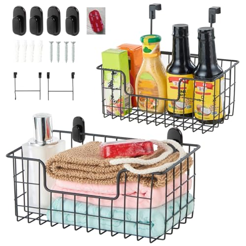 JUNCHU CHERRY Wire Storage Basket 2 Packs, Wall Mounted Kitchen Bathroom, Hanging Cabinet Door Storage Basket, no Drilling, Supporting 2 Types of Hooks, Strong Bearing, Suitable for Home, Black - color: 2 Black
