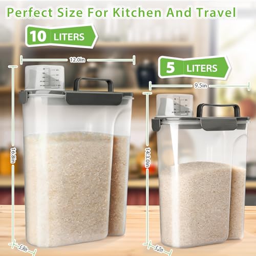 Viretec Rice Storage Container, 10 to 20lb Dry Food Airtight Dispenser, Pet Dog Cat Food Canister, BPA Free Clear Plastic Kitchen and Pantry Bin for Oatmeal, Cereal, Pasta, Flour Pack of 2 Grey - color: 10L+6L/Grey