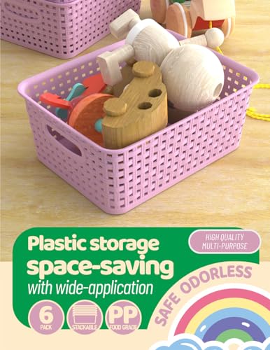 WYT 6-Pack Plastic Small Shelf Storage Weave Baskets Organizing for Cabinets and Pantries, Lavender Purple - color: Lavender, size: 6-Pack