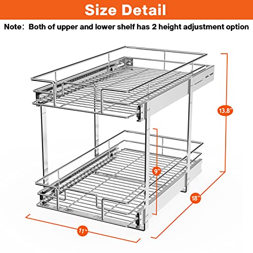 ROOMTEC Individual Pull Out Cabinet Organizer (11" W x 18" D), 2 Tier Spice Rack Organizer for Cabinet, Slide Out Drawer Pantry Shelf Organization and Storage for Kitchen Bathroom - color: 2 Tier, size: 11"W x 18"D