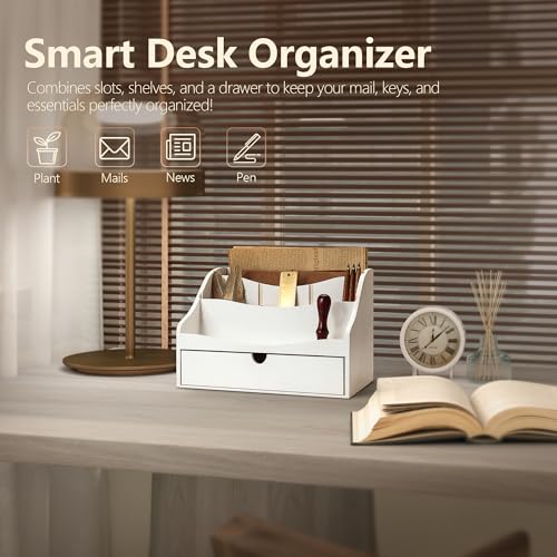 Rebee Vision Pine Wood Mail Organizer for Desk - Charming Farmhouse Countertop Mail Sorter for Office Desk & Home Decor - Mail Holder with Divider, 4-Slot Letter Sorter File Holder (White) - color: B-White