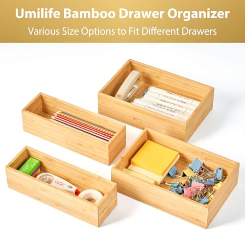 Umilife Bamboo Kitchen Drawer Organizer, Extra High Silverware Tray, Flatware Cutlery Storage Box, Multi-Use Holder in Office, Bathroom, Pantry - 9"x6"x2.5" (Set of 2) - size: 9 x 6 x 2.5" (Standard, Set of 2)