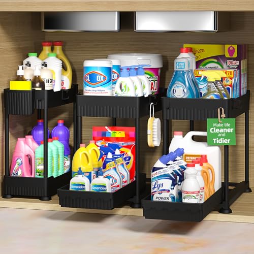Sevenblue 3 Pack Under Sink Organizers, 2-Tier Multi-Use Kitchen and Bathroom Organizers and Storage with Sliding Drawers, Bathroom Cabinet Organizer (Black, 14.8 Inch) - color: Black, size: 14.8 Inch